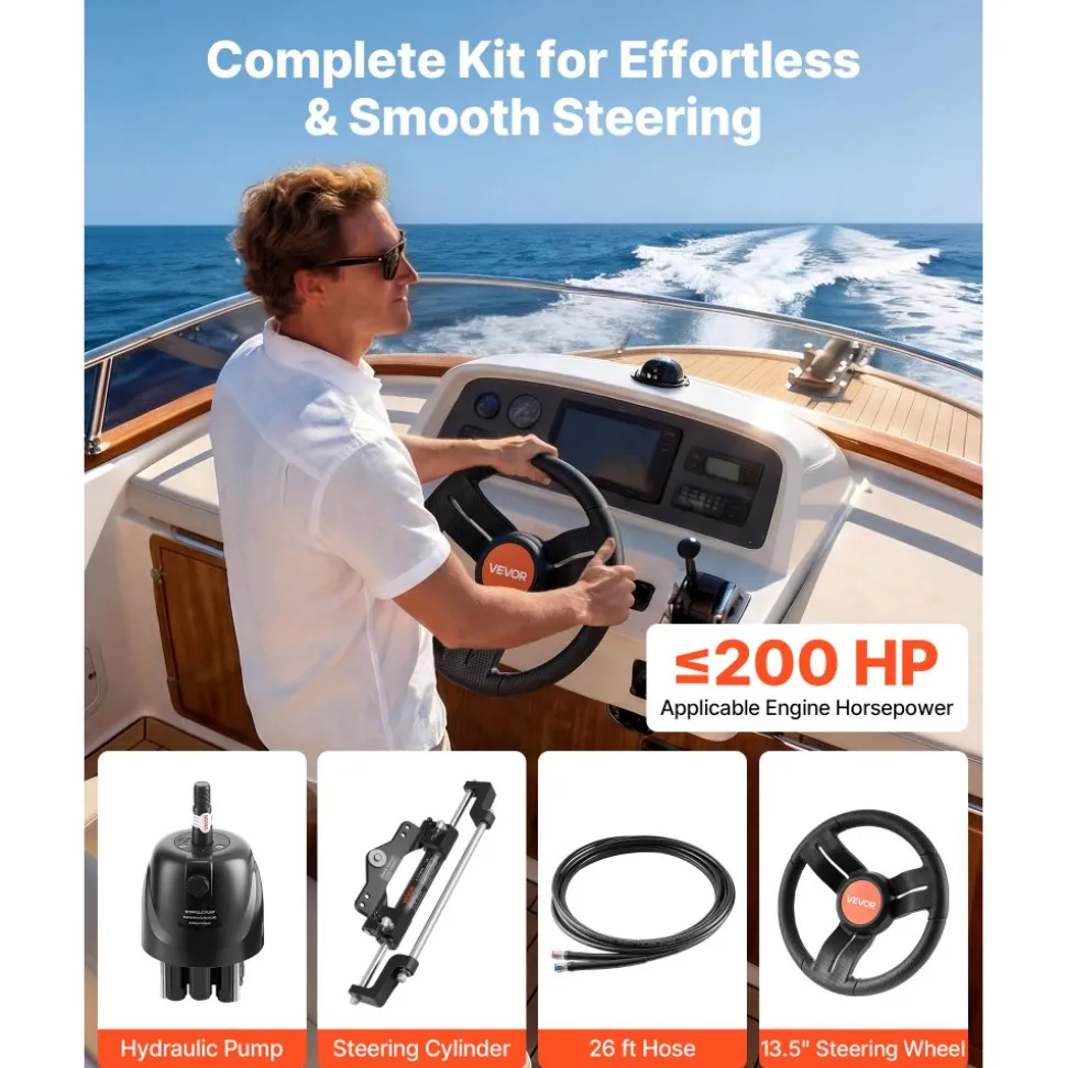 VEVOR Outboard Hydraulic Steering Kit, 200 HP, Marine Boat Hydraulic Steering System with 6.9 MPa Two-Way Lock Helm Pump, Cylinder, 2 PCS 26 ft Hoses, 13.5" Wheel for Single Station, Single-Engine Use