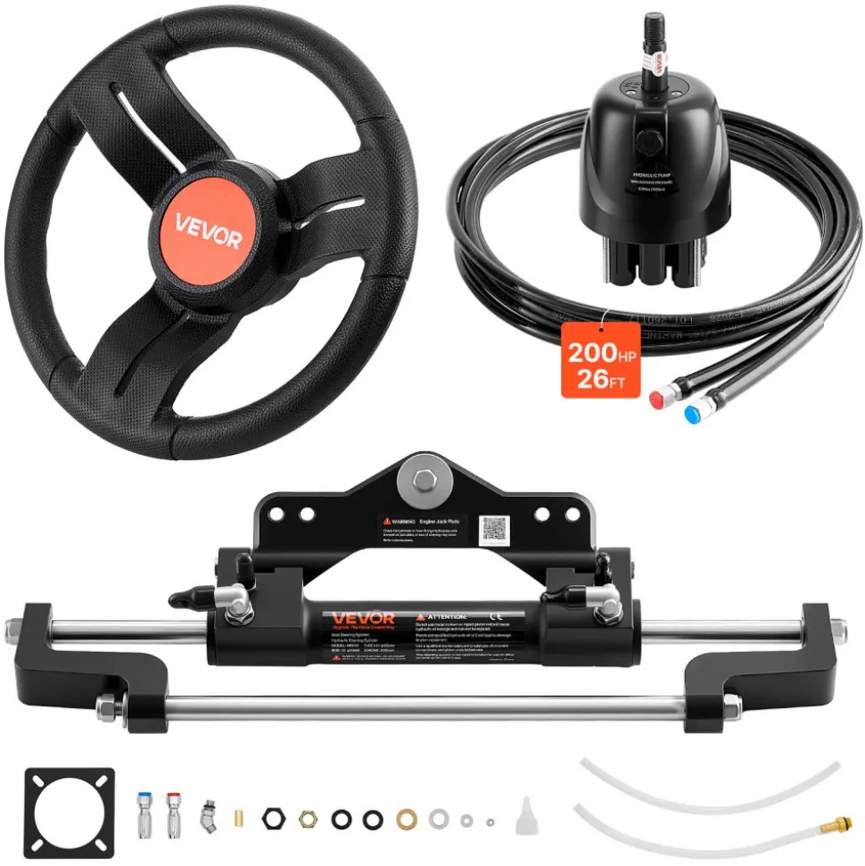 VEVOR Outboard Hydraulic Steering Kit, 200 HP, Marine Boat Hydraulic Steering System with 6.9 MPa Two-Way Lock Helm Pump, Cylinder, 2 PCS 26 ft Hoses, 13.5" Wheel for Single Station, Single-Engine Use
