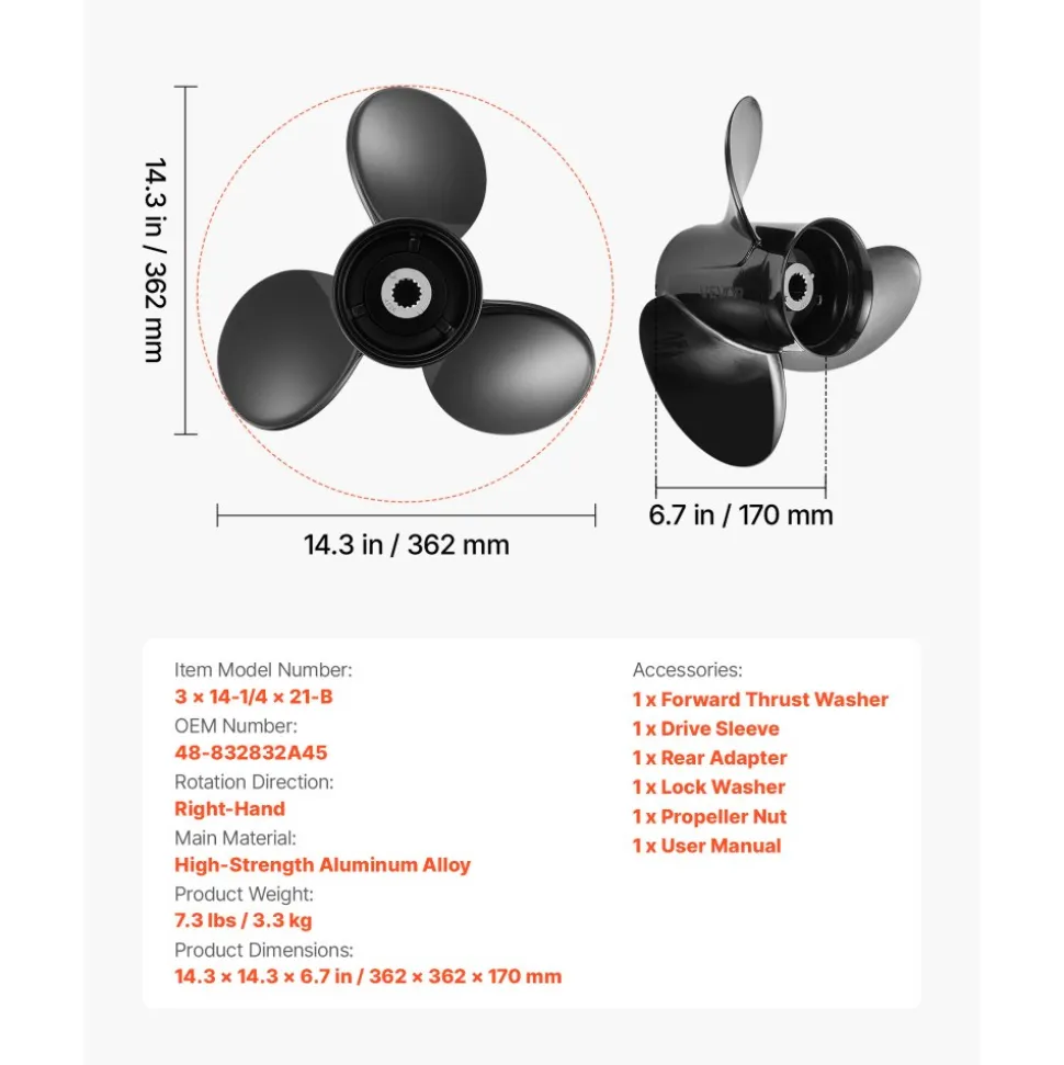 VEVOR Outboard Propeller, Upgrade OEM 15 Spline Tooth Aluminum Outboard Boat Propeller Fit Mercury/Mariner Engines 90-400 HP, 4-3/4" Gearcase, 3-Blade, RH (Right Hand Rotation), OEM No. 48-832832A45