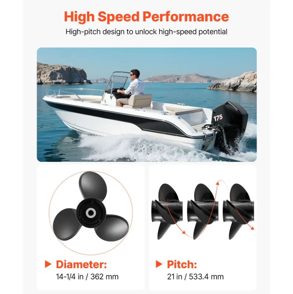 VEVOR Outboard Propeller, Upgrade OEM 15 Spline Tooth Aluminum Outboard Boat Propeller Fit Mercury/Mariner Engines 90-400 HP, 4-3/4" Gearcase, 3-Blade, RH (Right Hand Rotation), OEM No. 48-832832A45