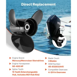VEVOR Outboard Propeller, Upgrade OEM 15 Spline Tooth Aluminum Outboard Boat Propeller Fit Mercury/Mariner Engines 90-400 HP, 4-3/4