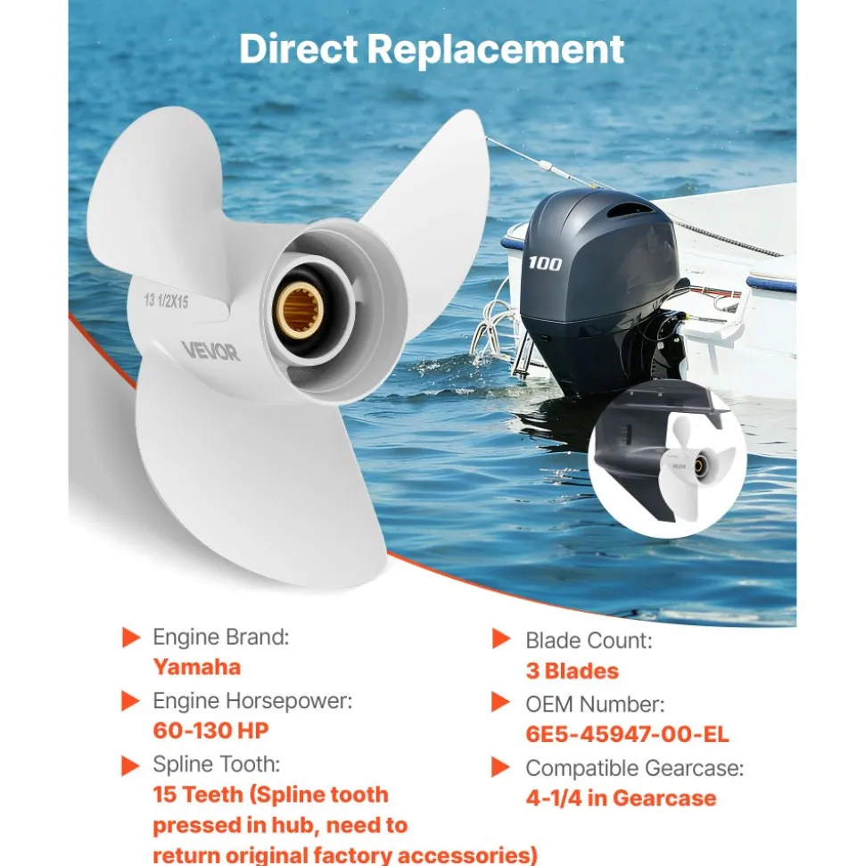 VEVOR Outboard Propeller, Upgrade OEM 15 Spline Tooth Aluminum Outboard Boat Propeller Fit Yamaha Engines 60-130 HP, 4-1/4" Gearcase, 3-Blade, RH (Right Hand Rotation), OEM Parts No. 6E5-45947-00-EL