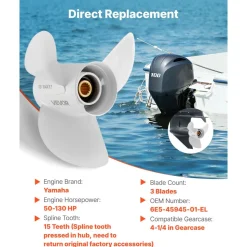 VEVOR Outboard Propeller, Upgrade OEM 15 Spline Tooth Aluminum Outboard Boat Propeller Fit Mercury Engines 40-140 HP, 4-1/4" Gearcase, 3-Blade, RH (Right Hand Rotation), OEM Parts No. 48-77344A45