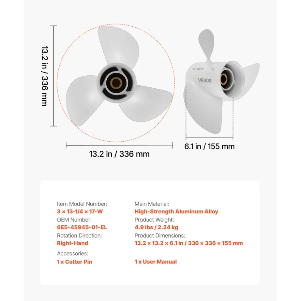 VEVOR Outboard Propeller, Upgrade OEM 15 Spline Tooth Aluminum Outboard Boat Propeller Fit Yamaha Engines 50-130 HP, 4-1/4" Gearcase, 3-Blade, RH (Right Hand Rotation), OEM Parts No. 6E5-45945-01-EL