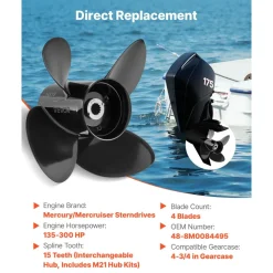 VEVOR Outboard Propeller, Upgrade OEM 15 Spline Tooth Aluminum Outboard Boat Propeller Fit Mercury/Mariner Engines 135-300 HP, 4-3/4