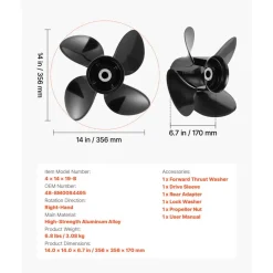 VEVOR Outboard Propeller, Upgrade OEM 15 Spline Tooth Aluminum Outboard Boat Propeller Fit Mercury/Mariner Engines 135-300 HP, 4-3/4