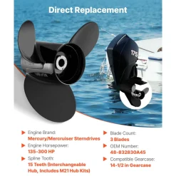 VEVOR Outboard Propeller, Upgrade OEM 15 Spline Tooth Aluminum Outboard Boat Propeller Fit Mercury/Mariner Engines 135-300 HP, 4-3/4