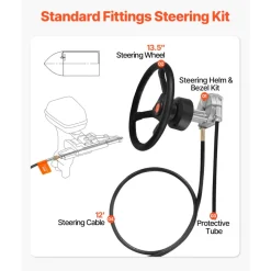 VEVOR Outboard Steering System 12' Steering Cable Marine Steering System 3/4'' Steering Shaft with 13.5 Inch Wheel Flat Interface Marine Steering Kit for Yachts and Waterborne Vehicles, Black