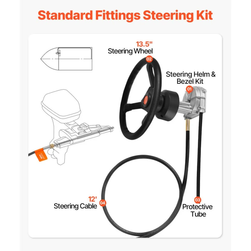 VEVOR Outboard Steering System 12' Steering Cable Marine Steering System 3/4'' Steering Shaft with 13.5 Inch Wheel Flat Interface Marine Steering Kit for Yachts and Waterborne Vehicles, Black