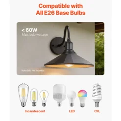 VEVOR Outdoor Barn Light, 11.5 in Diameter, 1-Pack Farmhouse Gooseneck Light Fixture, Exterior Wall Sconce, with Vintage Style, Anti-Rust, E26 Bulb Compatible for Porch, House, Entryway, Garage, Black