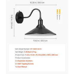 VEVOR Outdoor Barn Light, 11.5 in Diameter, 2-Pack Farmhouse Gooseneck Light Fixture, Dusk to Dawn Exterior Wall Sconce, with Anti-Rust, E26 Bulb Compatible for Porch, House, Entryway, Garage, Black