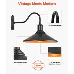 VEVOR Outdoor Barn Light, 11.5 in Diameter, 2-Pack Farmhouse Gooseneck Light Fixture, Dusk to Dawn Exterior Wall Sconce, with Anti-Rust, E26 Bulb Compatible for Porch, House, Entryway, Garage, Black