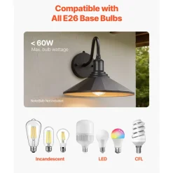 VEVOR Outdoor Barn Light, 11.5 in Diameter, 2-Pack Farmhouse Gooseneck Light Fixture, Dusk to Dawn Exterior Wall Sconce, with Anti-Rust, E26 Bulb Compatible for Porch, House, Entryway, Garage, Black