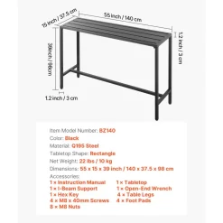 VEVOR Outdoor Bar Table, 55 x 15 in Patio Bar Table, Waterproof Top & Sturdy Metal Frame, Rectangle Counter Height Dining Tables, Outdoor Furniture for Balcony, Yard, Hot Tub, Poolside, Indoor
