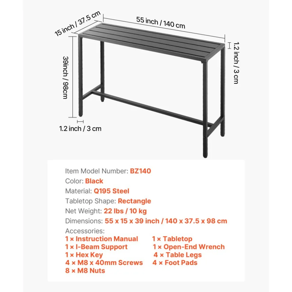 VEVOR Outdoor Bar Table, 55 x 15 in Patio Bar Table, Waterproof Top & Sturdy Metal Frame, Rectangle Counter Height Dining Tables, Outdoor Furniture for Balcony, Yard, Hot Tub, Poolside, Indoor
