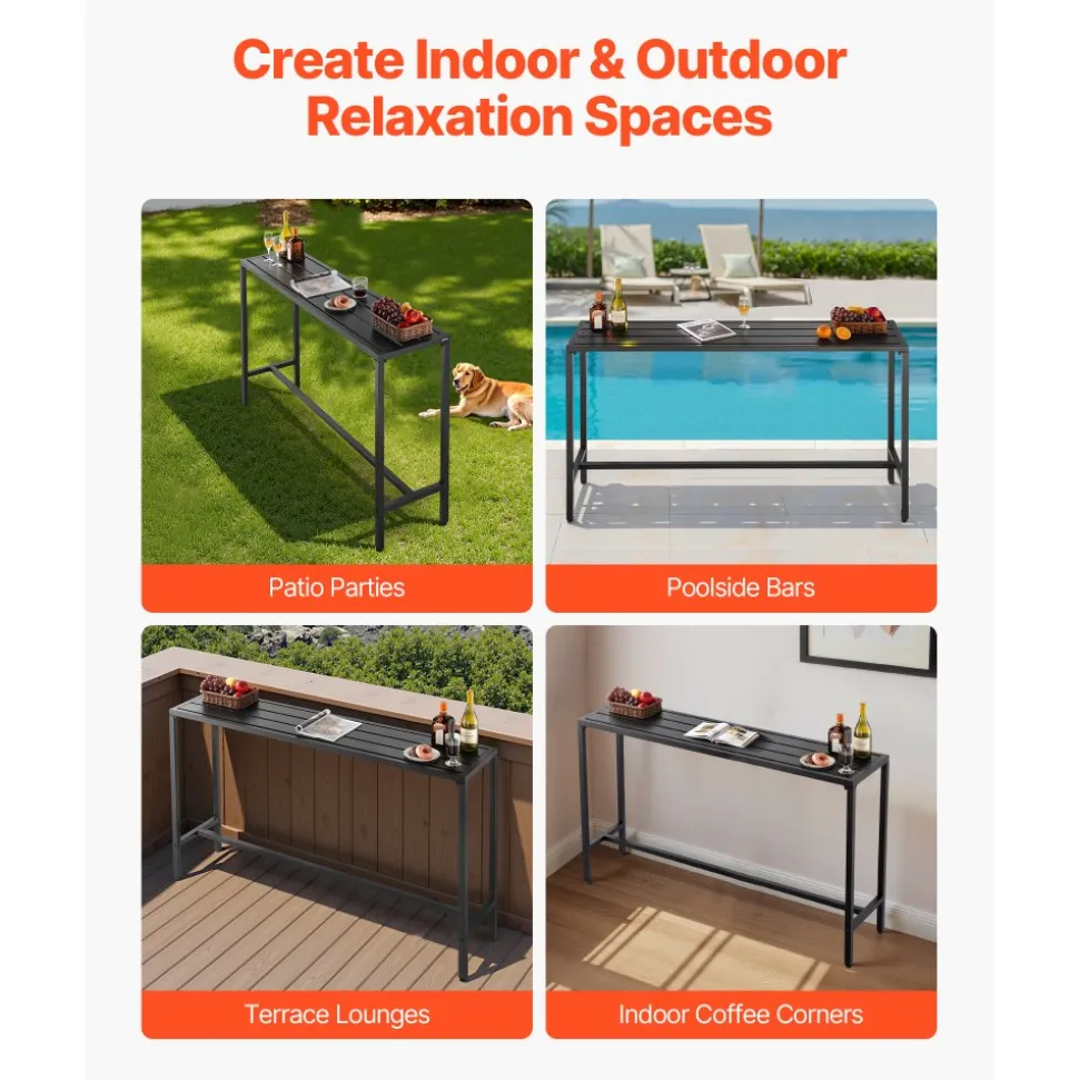 VEVOR Outdoor Bar Table, 63 x 15 in Patio Bar Table, Waterproof Top & Sturdy Metal Frame, Rectangle Counter Height Dining Tables, Outdoor Furniture for Balcony, Yard, Hot Tub, Poolside, Indoor
