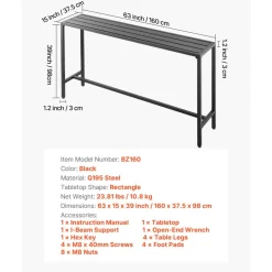 VEVOR Outdoor Bar Table, 63 x 15 in Patio Bar Table, Waterproof Top & Sturdy Metal Frame, Rectangle Counter Height Dining Tables, Outdoor Furniture for Balcony, Yard, Hot Tub, Poolside, Indoor