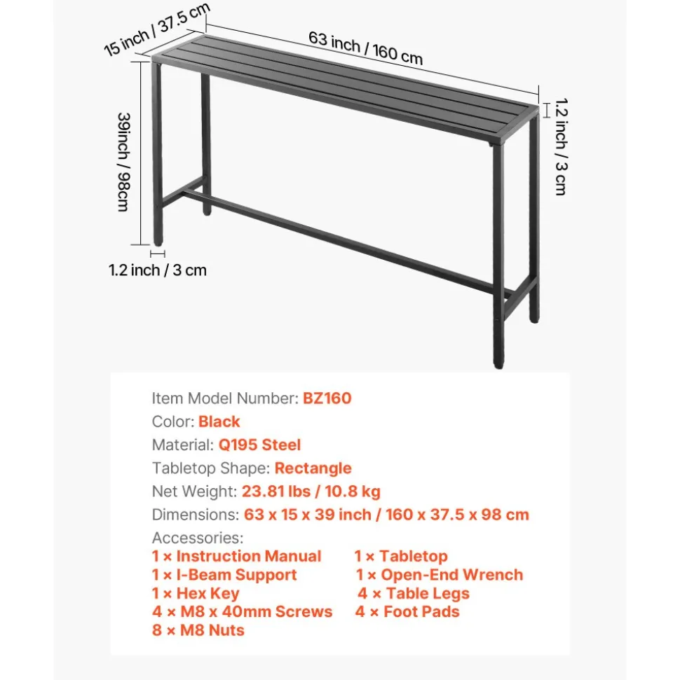 VEVOR Outdoor Bar Table, 63 x 15 in Patio Bar Table, Waterproof Top & Sturdy Metal Frame, Rectangle Counter Height Dining Tables, Outdoor Furniture for Balcony, Yard, Hot Tub, Poolside, Indoor