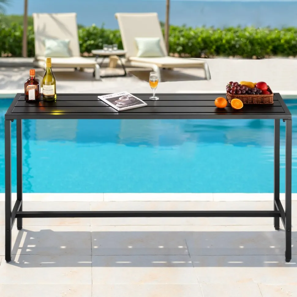 VEVOR Outdoor Bar Table, 63 x 15 in Patio Bar Table, Waterproof Top & Sturdy Metal Frame, Rectangle Counter Height Dining Tables, Outdoor Furniture for Balcony, Yard, Hot Tub, Poolside, Indoor