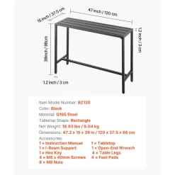 VEVOR Outdoor Bar Table, 47 x 15 in Patio Bar Table, Waterproof Top & Sturdy Metal Frame, Rectangle Counter Height Dining Tables, Outdoor Furniture for Balcony, Yard, Hot Tub, Poolside, Indoor
