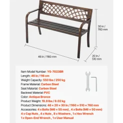 VEVOR Outdoor Bench, 46 inch, Carbon Steel Metal Frame with PVC Mesh Pattern Backrest and Round Edge Armrests, Weatherproof Outside Bench for Patio, Garden, Park, Yard, Front Porch, Antique Bronze