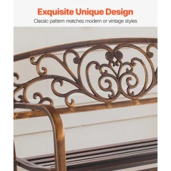 VEVOR Outdoor Bench, 50 inch, Carbon Steel Metal Frame with Cast Iron Backrest and Round Edge Armrests, Weatherproof Outside Glider Bench for Patio, Garden, Park, Yard, Front Porch, Antique Bronze