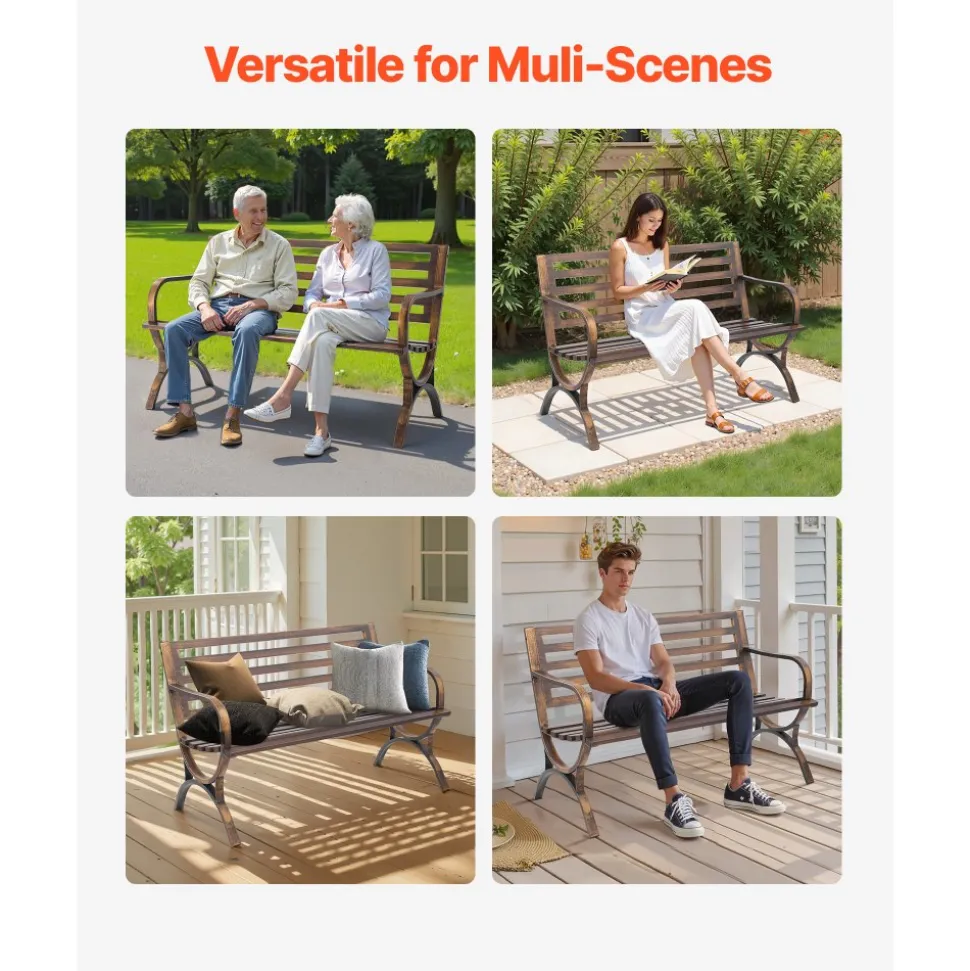 VEVOR Outdoor Bench, 50 inch, Carbon Steel Metal Frame with Slatted Pattern Backrest and Round Edge Armrests, Weatherproof Outside Bench for Patio, Garden, Park, Yard, Front Porch, Antique Bronze