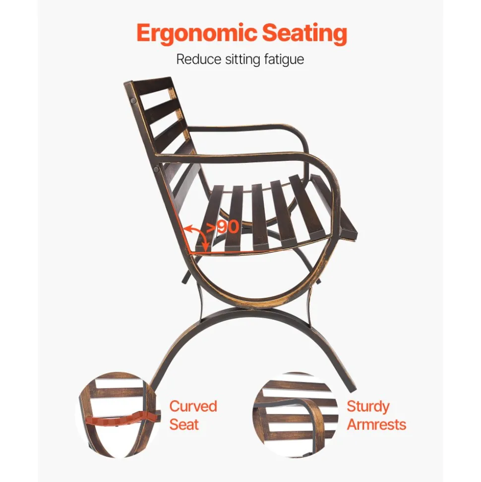 VEVOR Outdoor Bench, 50 inch, Carbon Steel Metal Frame with Slatted Pattern Backrest and Round Edge Armrests, Weatherproof Outside Bench for Patio, Garden, Park, Yard, Front Porch, Antique Bronze