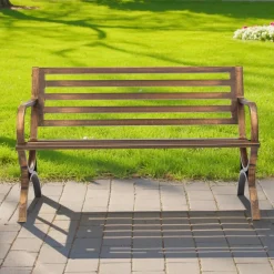 VEVOR Outdoor Bench, 50 inch, Carbon Steel Metal Frame with Slatted Pattern Backrest and Round Edge Armrests, Weatherproof Outside Bench for Patio, Garden, Park, Yard, Front Porch, Antique Bronze