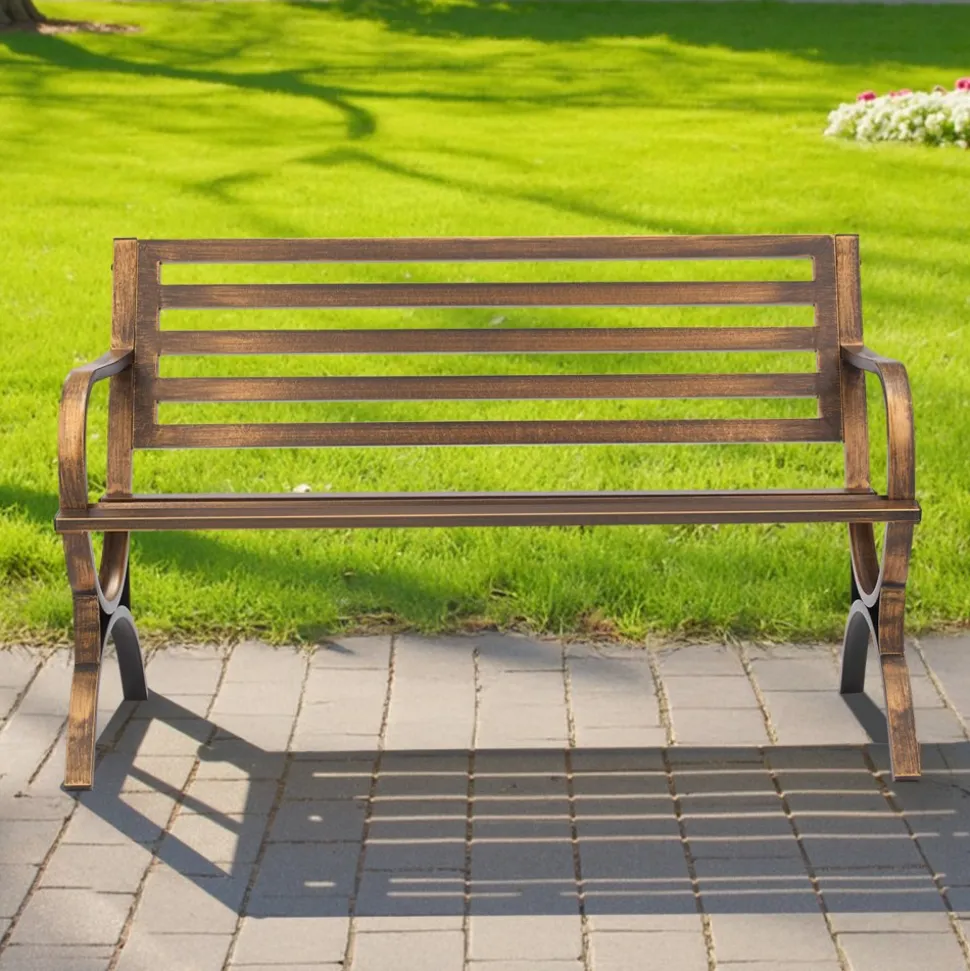 VEVOR Outdoor Bench, 50 inch, Carbon Steel Metal Frame with Slatted Pattern Backrest and Round Edge Armrests, Weatherproof Outside Bench for Patio, Garden, Park, Yard, Front Porch, Antique Bronze