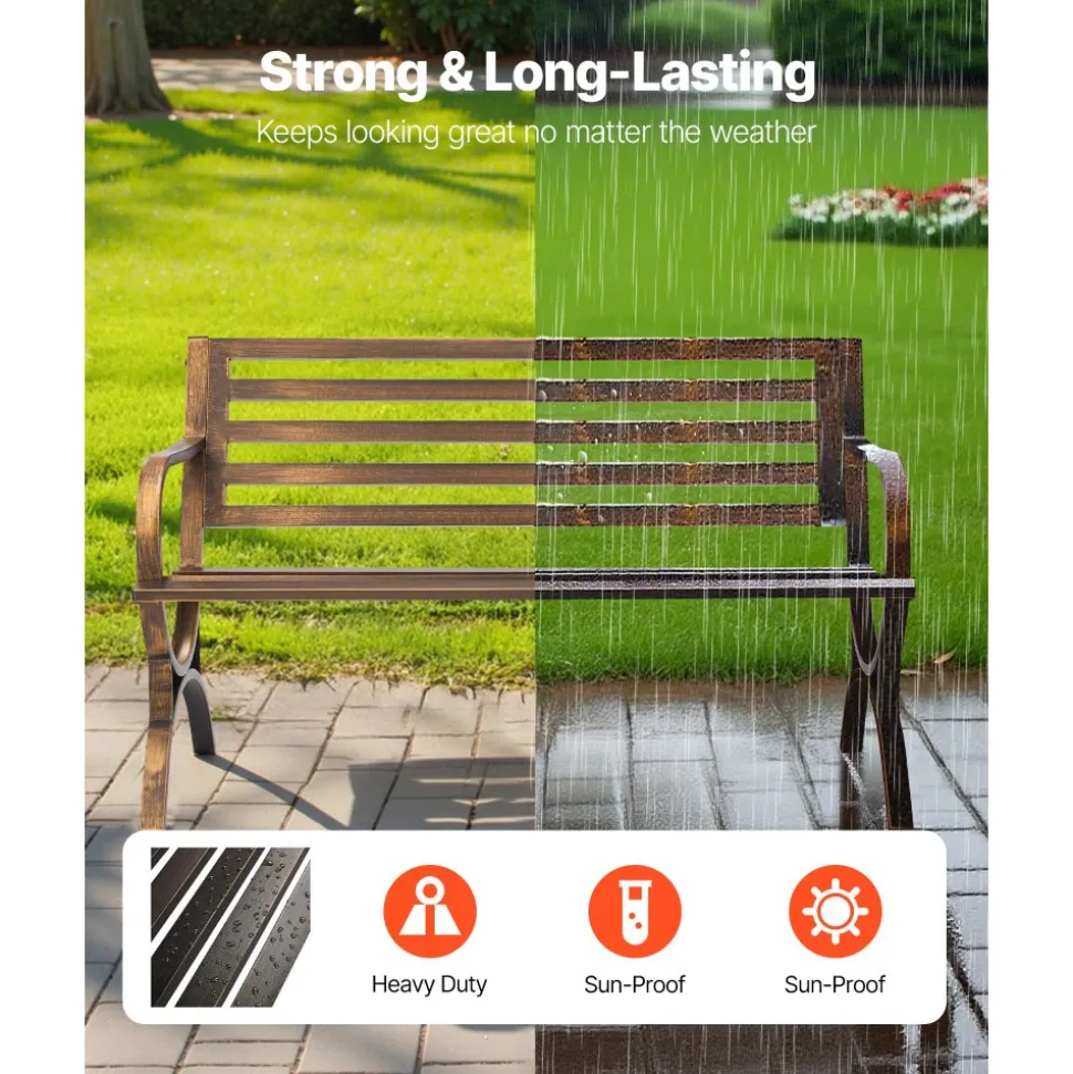 VEVOR Outdoor Bench, 50 inch, Carbon Steel Metal Frame with Slatted Pattern Backrest and Round Edge Armrests, Weatherproof Outside Bench for Patio, Garden, Park, Yard, Front Porch, Antique Bronze