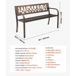 VEVOR Outdoor Bench, 50 inch, Carbon Steel Metal Frame with PVC Floral Pattern Backrest and Round Edge Armrests, Weatherproof Outside Bench for Patio, Garden, Park, Yard, Front Porch, Antique Bronze