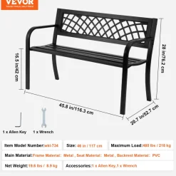 VEVOR Outdoor Bench,46 inches Metal Garden Bench for Outdoors, 480 lbs Load Capacity Bench,  Outdoor Garden Park Bench with Backrest and Armrests, Patio Bench for Garden, Park, Yard, Front Porch