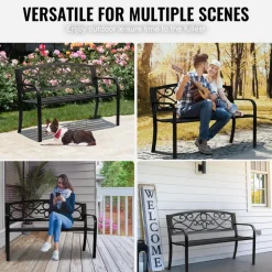 VEVOR Outdoor Bench, 38.8 inches Metal Garden Bench for Outdoors,480 lbs Load Capacity Bench, Outdoor Garden Park Bench with Backrest and Armrests, Patio Bench for Garden, Park, Yard, Front Porch