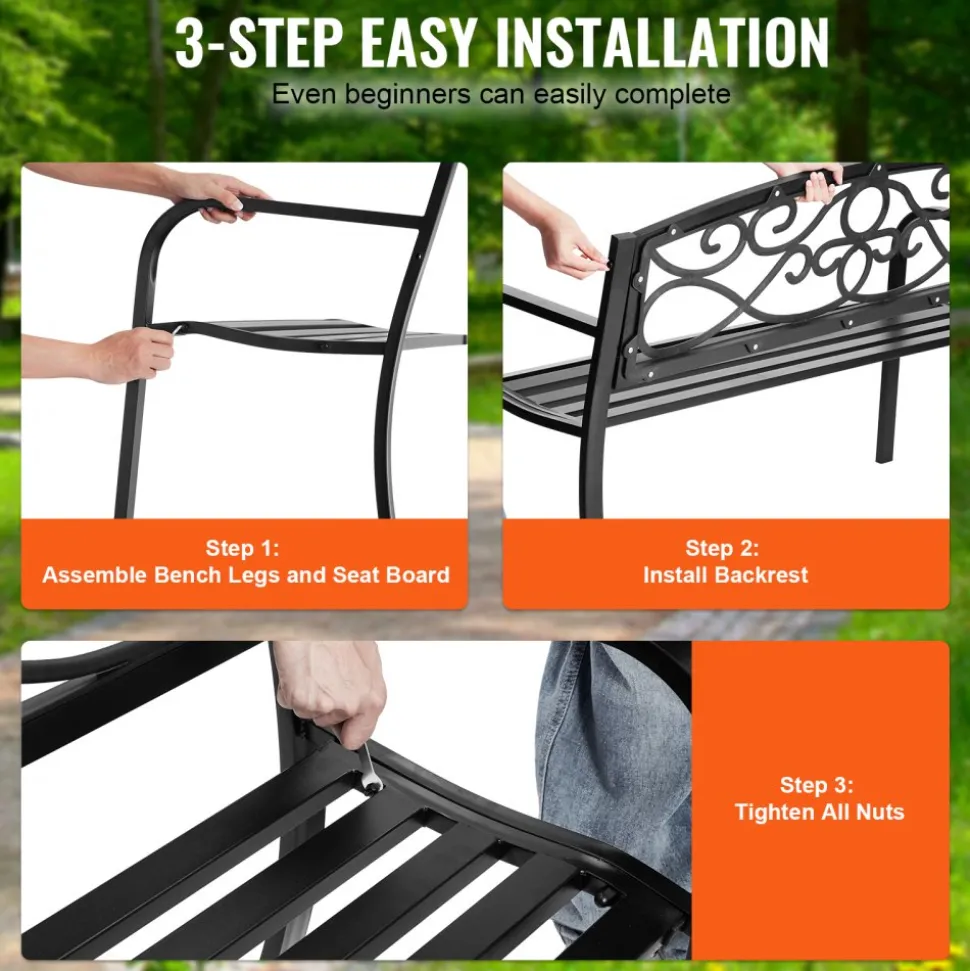 VEVOR Outdoor Bench, 38.8 inches Metal Garden Bench for Outdoors,480 lbs Load Capacity Bench, Outdoor Garden Park Bench with Backrest and Armrests, Patio Bench for Garden, Park, Yard, Front Porch