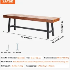 VEVOR Outdoor Bench, 63 inches Wood Garden Bench with Metal Leg for Outdoors, Outdoor Garden Park Bench, 500 lbs Load Capacity Bench, Dining Bench Patio Bench for Garden, Park, Yard, Front Porch
