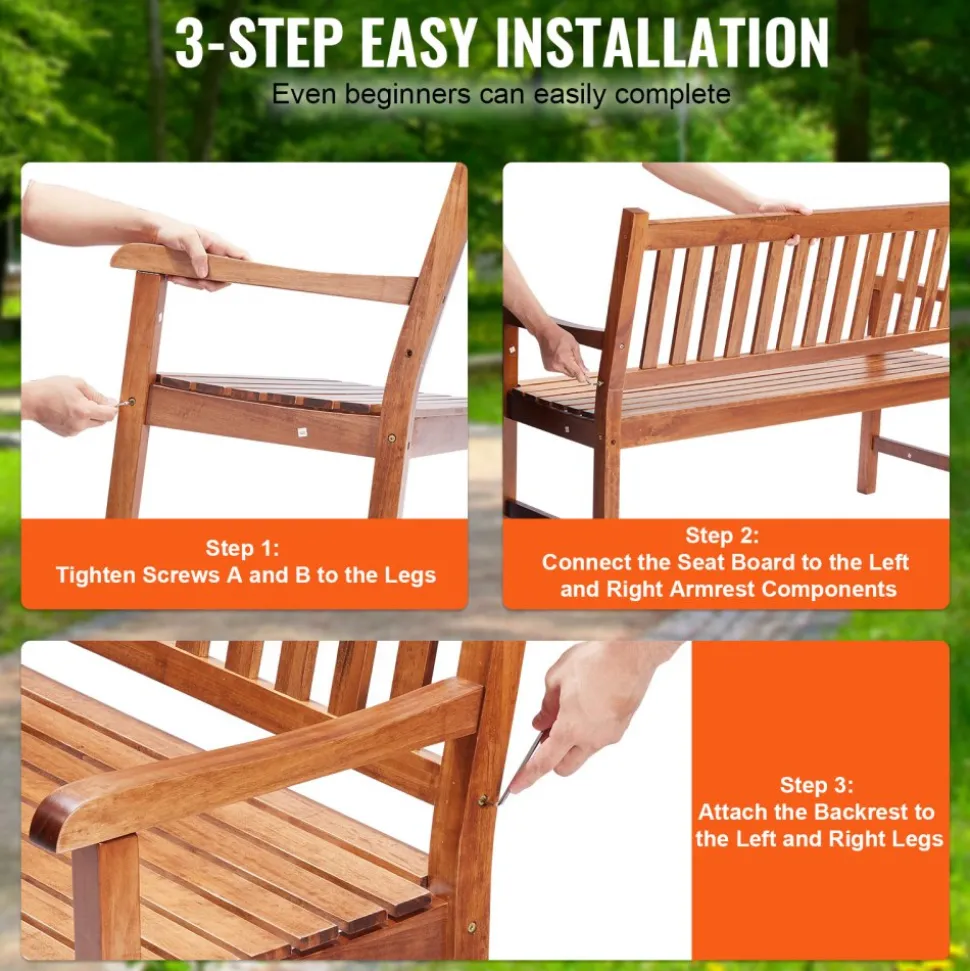 VEVOR Outdoor Bench, 50 inches Wood Garden Bench for Outdoors, Outdoor Garden Park Bench with Backrest and Armrests, 800 lbs Load Capacity Bench, Patio Bench for Garden, Park, Yard, Front Porch