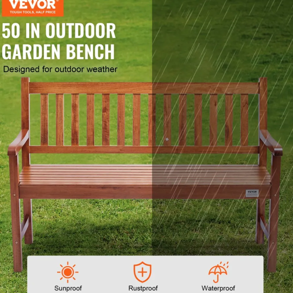 VEVOR Outdoor Bench, 50 inches Wood Garden Bench for Outdoors, Outdoor Garden Park Bench with Backrest and Armrests, 800 lbs Load Capacity Bench, Patio Bench for Garden, Park, Yard, Front Porch