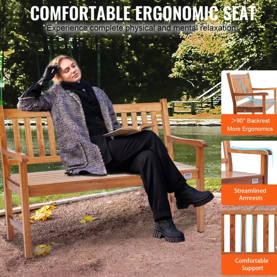 VEVOR Outdoor Bench, 50 inches Wood Garden Bench for Outdoors, Outdoor Garden Park Bench with Backrest and Armrests, 800 lbs Load Capacity Bench, Patio Bench for Garden, Park, Yard, Front Porch