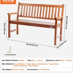 VEVOR Outdoor Bench, 50 inches Wood Garden Bench for Outdoors, Outdoor Garden Park Bench with Backrest and Armrests, 800 lbs Load Capacity Bench, Patio Bench for Garden, Park, Yard, Front Porch