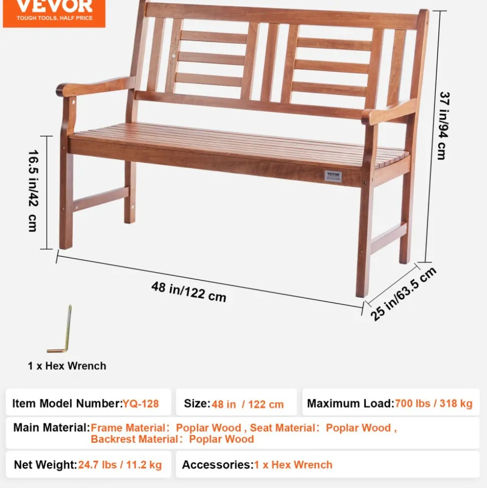 VEVOR Outdoor Bench, 48 inches Wood Garden Bench for Outdoors, Outdoor Garden Park Bench with Backrest and Armrests, 700 lbs Load Capacity Bench, Patio Bench for Garden, Park, Yard, Front Porch