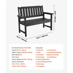 VEVOR Outdoor Bench, 50.5 inch, 800 lbs Weight Capacity for 2-3 Persons, Weatherproof Plastic Frame with Backrest and Wide Armrests, Outside Bench for Patio, Garden, Park, Yard, Front Porch, Black
