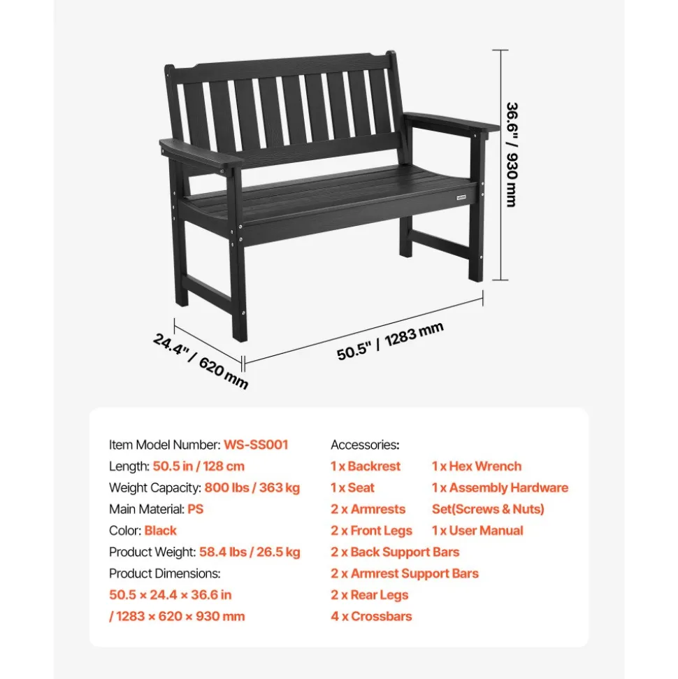 VEVOR Outdoor Bench, 50.5 inch, 800 lbs Weight Capacity for 2-3 Persons, Weatherproof Plastic Frame with Backrest and Wide Armrests, Outside Bench for Patio, Garden, Park, Yard, Front Porch, Black