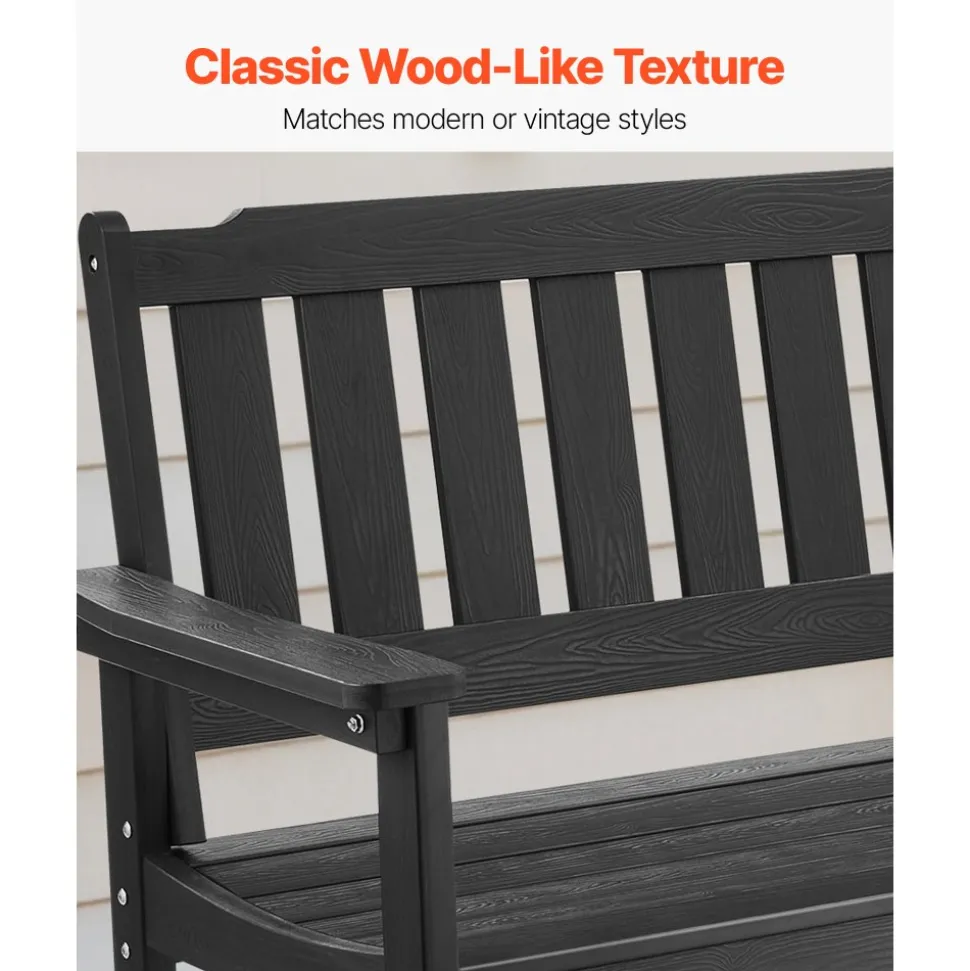VEVOR Outdoor Bench, 50.5 inch, 800 lbs Weight Capacity for 2-3 Persons, Weatherproof Plastic Frame with Backrest and Wide Armrests, Outside Bench for Patio, Garden, Park, Yard, Front Porch, Black