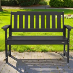 VEVOR Outdoor Bench, 50.5 inch, 800 lbs Weight Capacity for 2-3 Persons, Weatherproof Plastic Frame with Backrest and Wide Armrests, Outside Bench for Patio, Garden, Park, Yard, Front Porch, Black