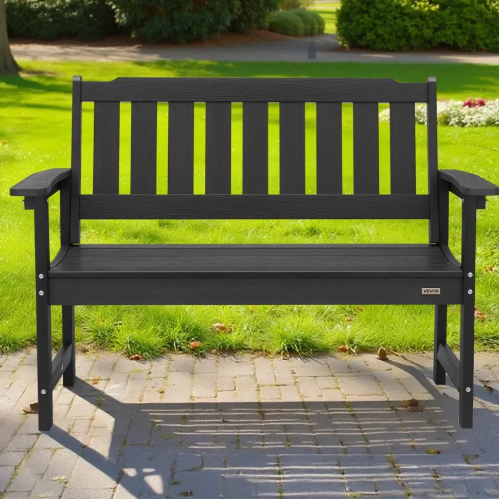 VEVOR Outdoor Bench, 50.5 inch, 800 lbs Weight Capacity for 2-3 Persons, Weatherproof Plastic Frame with Backrest and Wide Armrests, Outside Bench for Patio, Garden, Park, Yard, Front Porch, Black