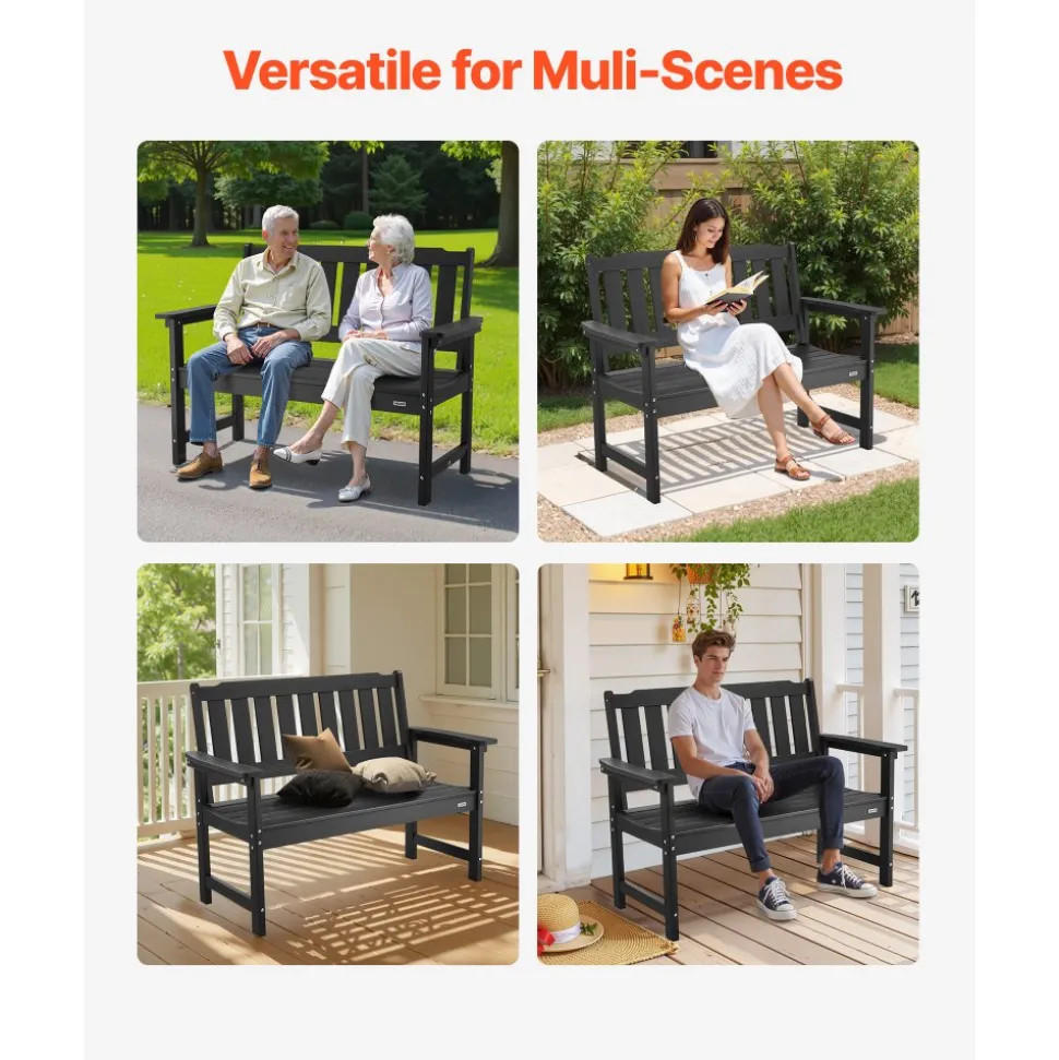 VEVOR Outdoor Bench, 50.5 inch, 800 lbs Weight Capacity for 2-3 Persons, Weatherproof Plastic Frame with Backrest and Wide Armrests, Outside Bench for Patio, Garden, Park, Yard, Front Porch, Black