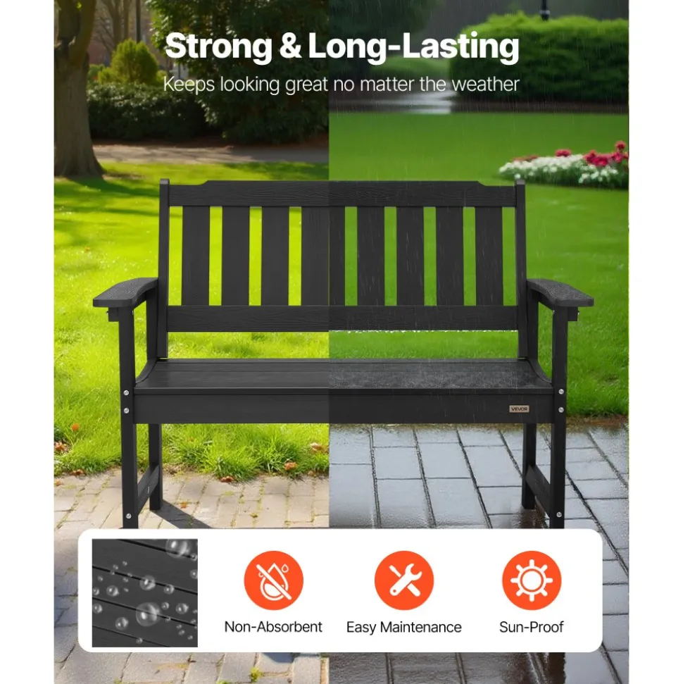 VEVOR Outdoor Bench, 50.5 inch, 800 lbs Weight Capacity for 2-3 Persons, Weatherproof Plastic Frame with Backrest and Wide Armrests, Outside Bench for Patio, Garden, Park, Yard, Front Porch, Black