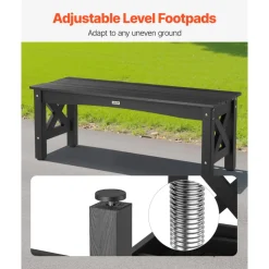 VEVOR Outdoor Bench, 44.5 inch, 600 lbs Weight Capacity, Weatherproof Plastic Frame with Adjustable Level Footpads and Thick Leg, Outside Bench for Patio, Garden, Park, Yard, Front Porch, Black