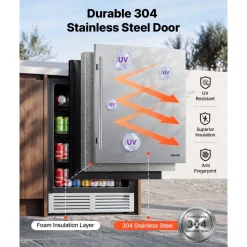 VEVOR Outdoor Beverage Refrigerator, 24 Inch Undercounter Drink Fridge, 304 Stainless Steel Door, 5.0 Cu. Ft, Hold 180 Cans, Powerful Cooling System, Built-in / Freestand Cooler, Home Bar & Patio